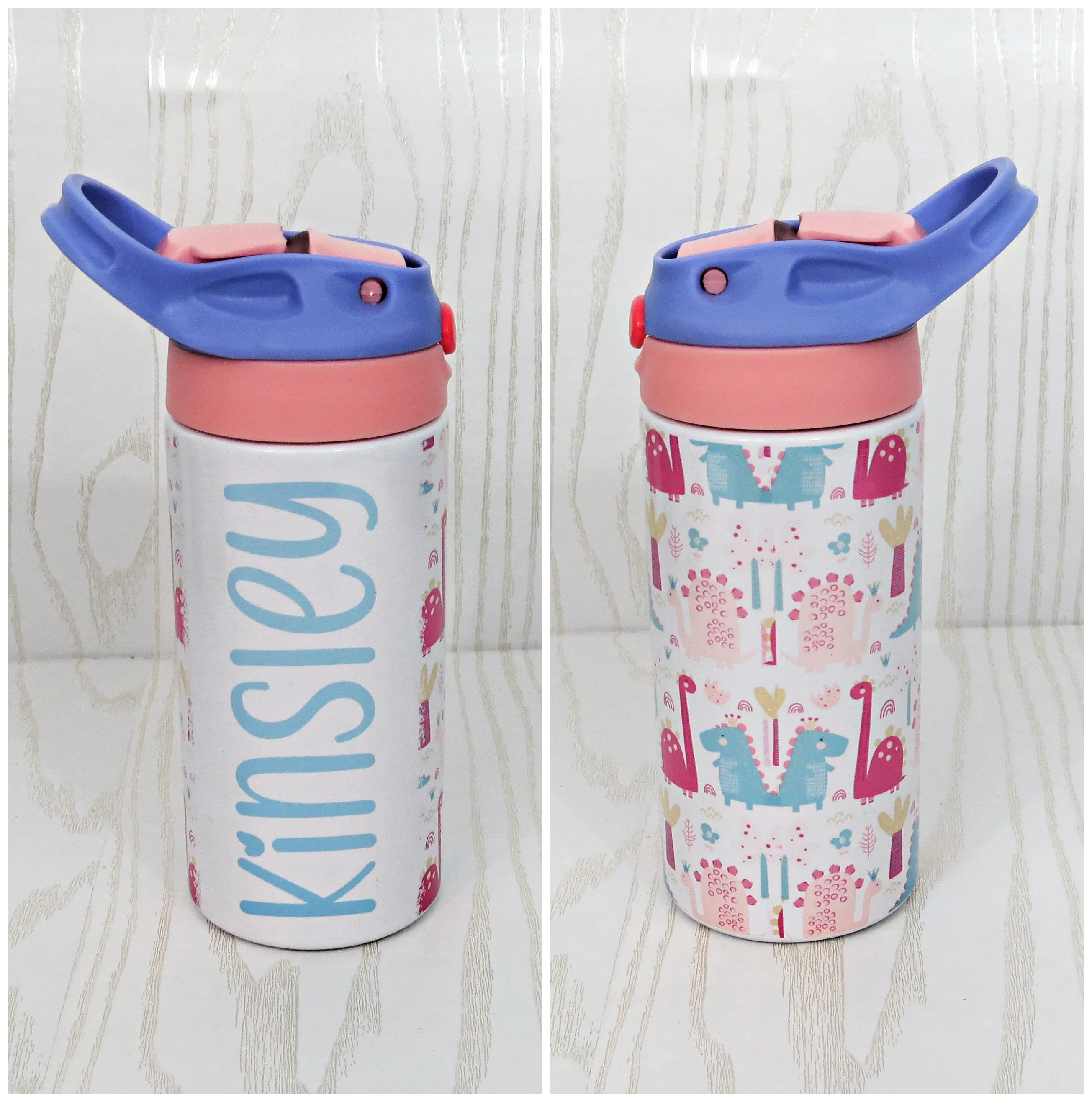 12 oz Stainless Steel Girl Dinosaur Tumbler - Girls Water Bottle - Flip Top - Insulated Reusable - Straw - Personalized Custom with Handle