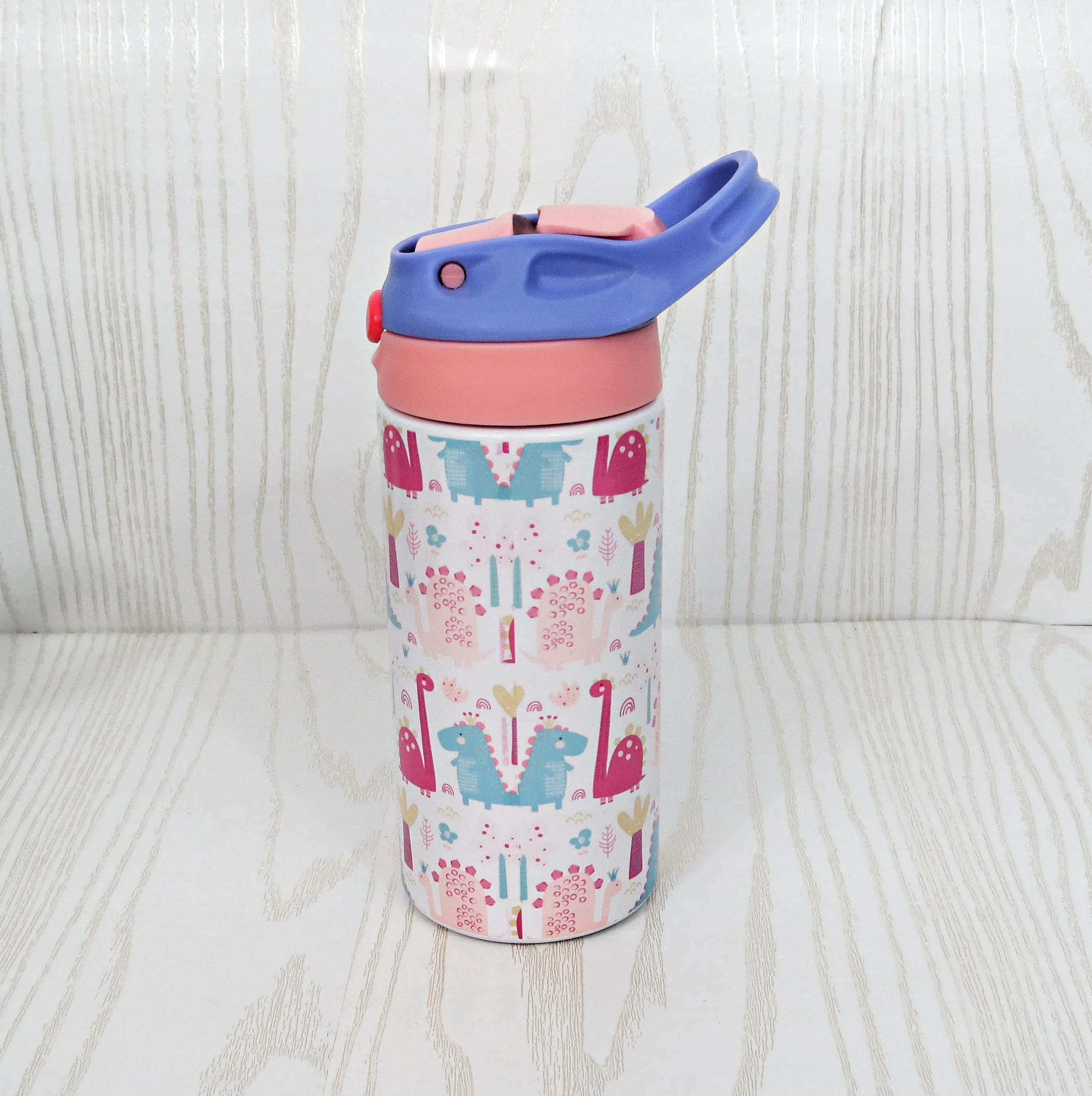 12 oz Stainless Steel Girl Dinosaur Tumbler - Girls Water Bottle - Flip Top - Insulated Reusable - Straw - Personalized Custom with Handle