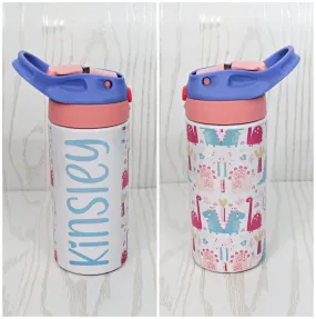 12 oz Stainless Steel Girl Dinosaur Tumbler - Girls Water Bottle - Flip Top - Insulated Reusable - Straw - Personalized Custom with Handle