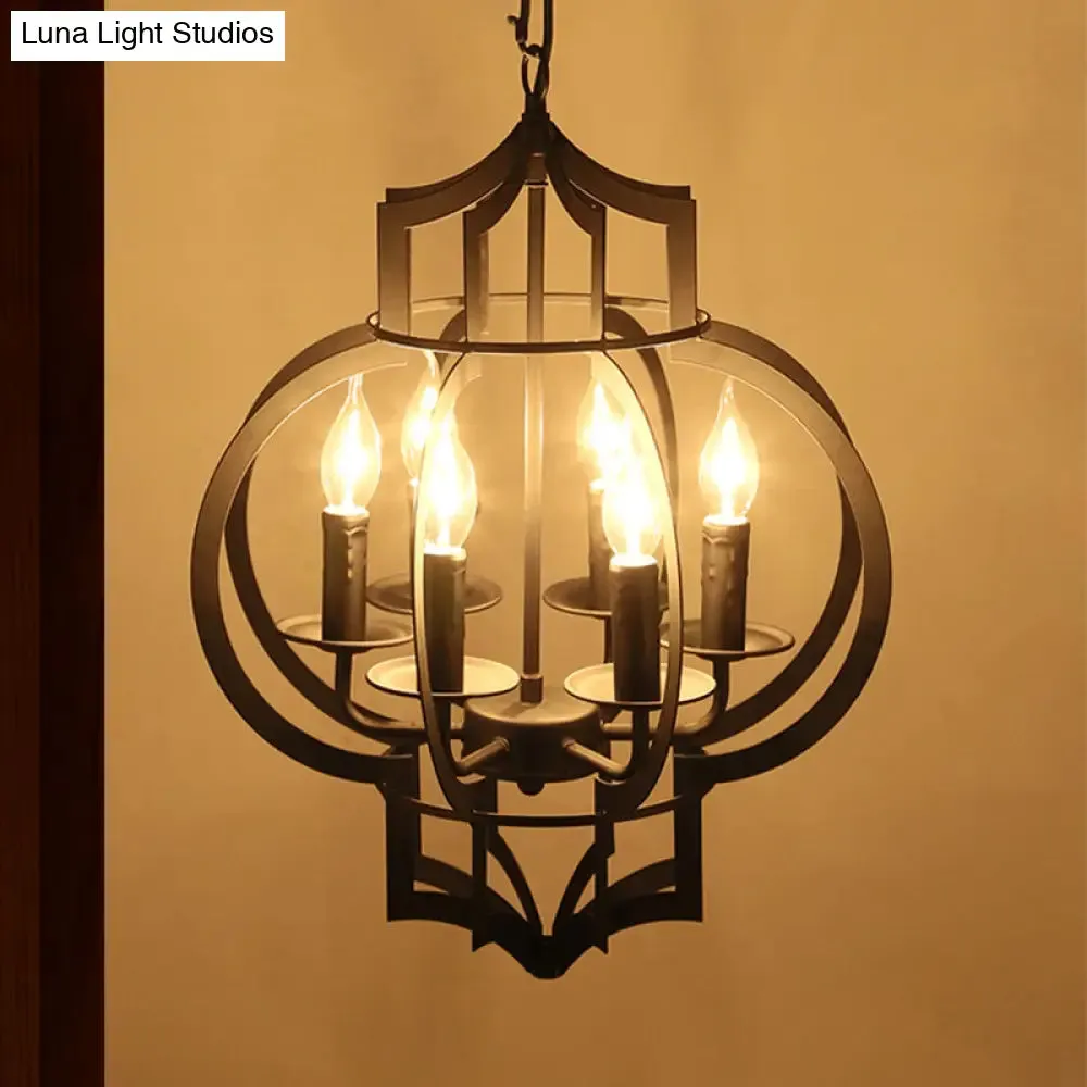 4/6 Bulbs Vintage Style Lantern Cage Chandelier Light in Black - Wrought Iron Medium Hanging Lamp