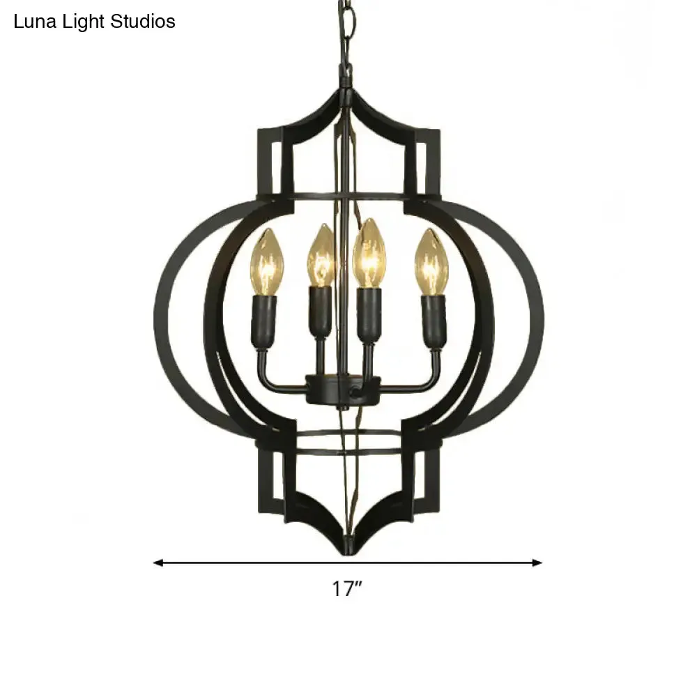 4/6 Bulbs Vintage Style Lantern Cage Chandelier Light in Black - Wrought Iron Medium Hanging Lamp