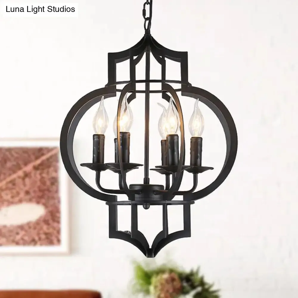 4/6 Bulbs Vintage Style Lantern Cage Chandelier Light in Black - Wrought Iron Medium Hanging Lamp