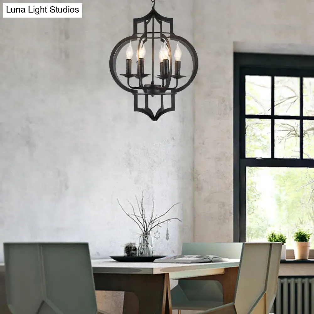 4/6 Bulbs Vintage Style Lantern Cage Chandelier Light in Black - Wrought Iron Medium Hanging Lamp