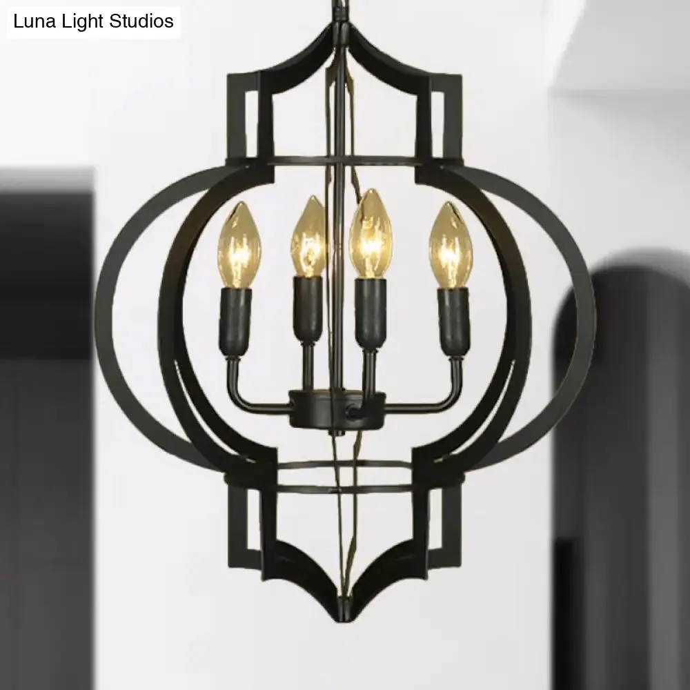 4/6 Bulbs Vintage Style Lantern Cage Chandelier Light in Black - Wrought Iron Medium Hanging Lamp