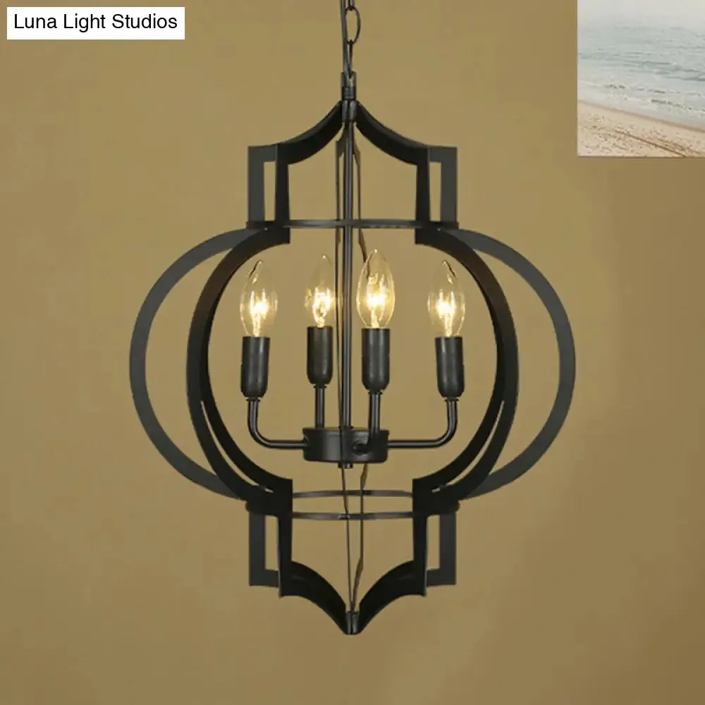 4/6 Bulbs Vintage Style Lantern Cage Chandelier Light in Black - Wrought Iron Medium Hanging Lamp