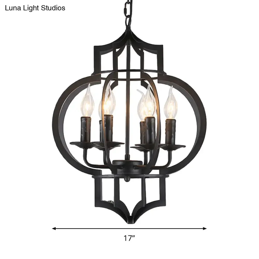 4/6 Bulbs Vintage Style Lantern Cage Chandelier Light in Black - Wrought Iron Medium Hanging Lamp