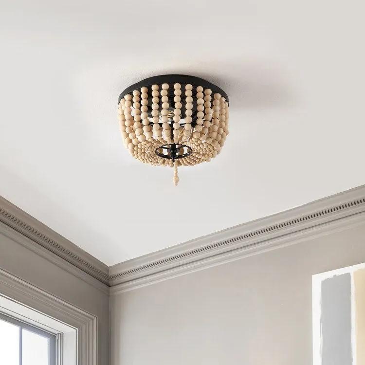 Allison 10" Two-Light Wood Beaded LED Flush Mount Ceiling Fixture - Black/Cream