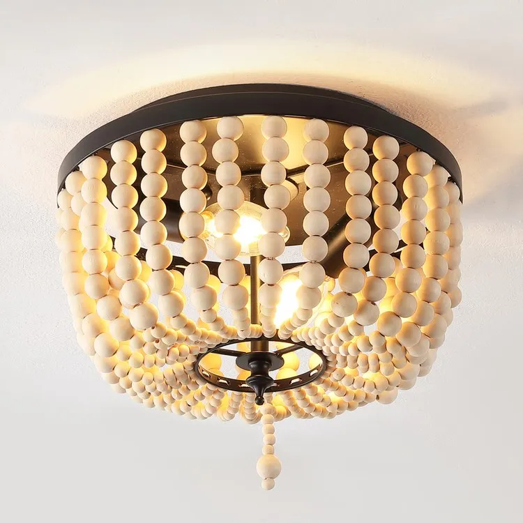 Allison 10" Two-Light Wood Beaded LED Flush Mount Ceiling Fixture - Black/Cream