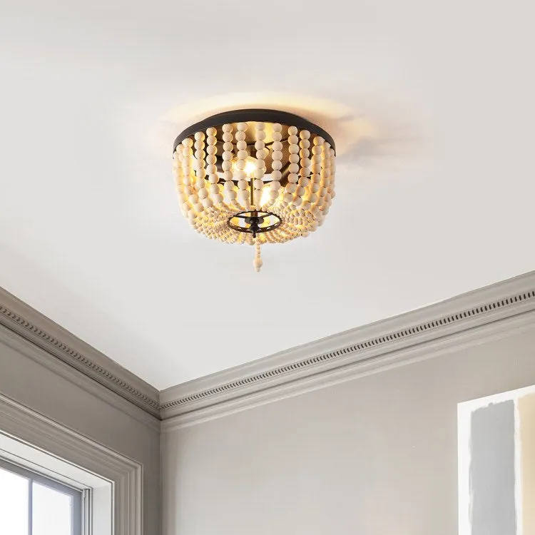 Allison 10" Two-Light Wood Beaded LED Flush Mount Ceiling Fixture - Black/Cream