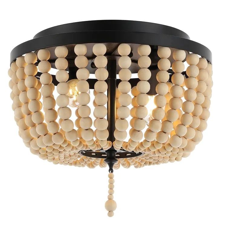 Allison 10" Two-Light Wood Beaded LED Flush Mount Ceiling Fixture - Black/Cream