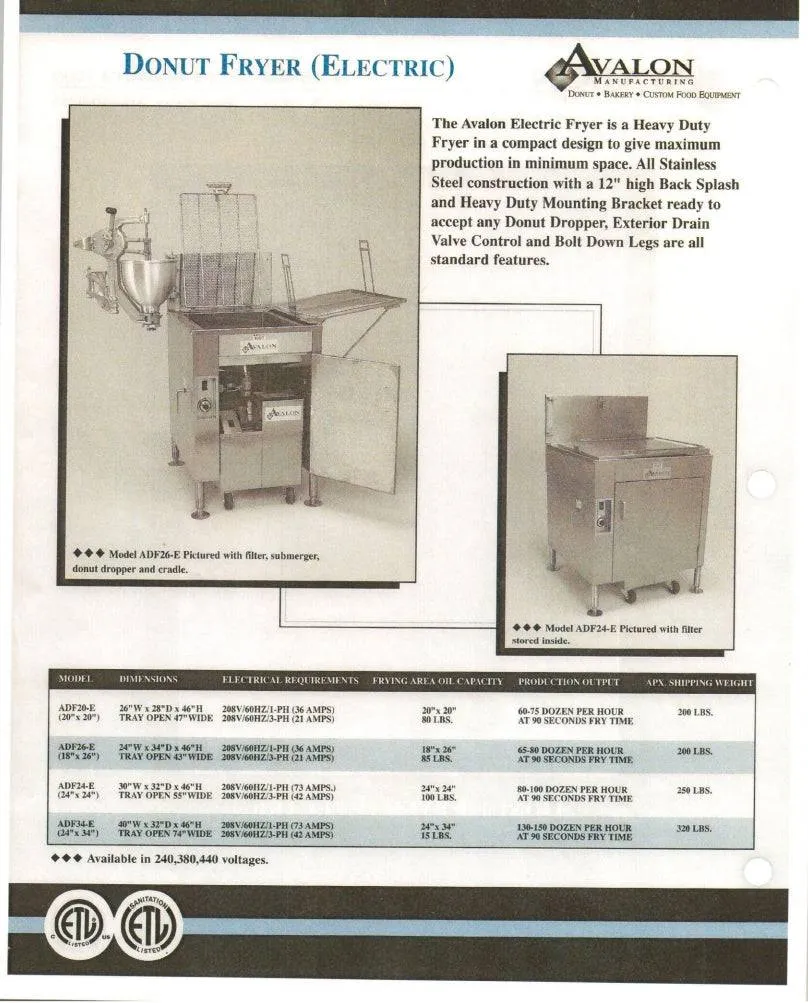 Avalon (ADF26-E) 18" X 26" Donut Fryer, Electric (1 phase), Left Side Drain Board with Submerge Screen