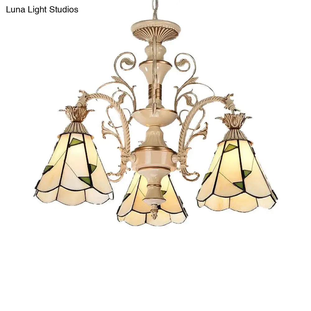 Baroque Stained Glass Chandelier with 3/5 Lights in White and Gold