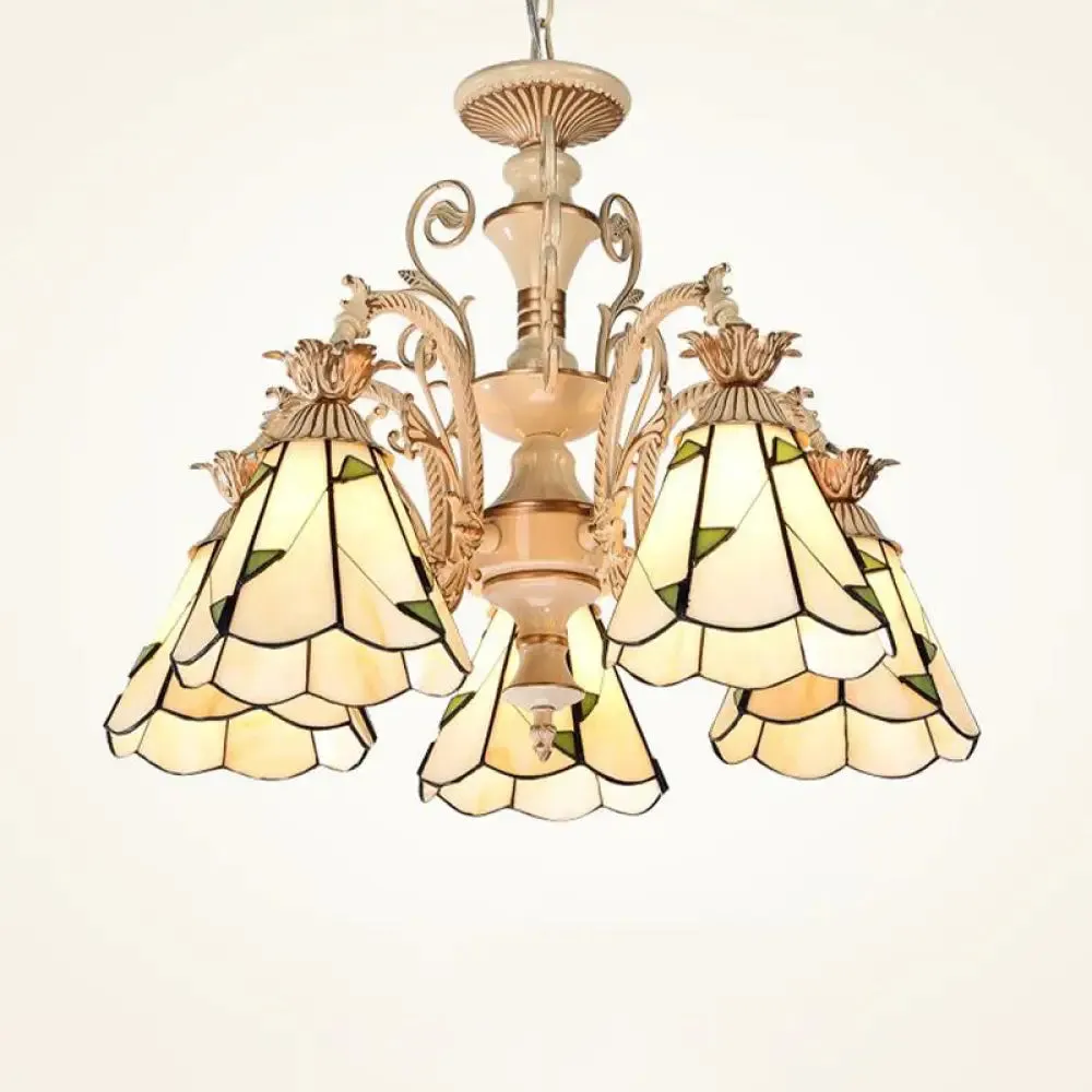 Baroque Stained Glass Chandelier with 3/5 Lights in White and Gold