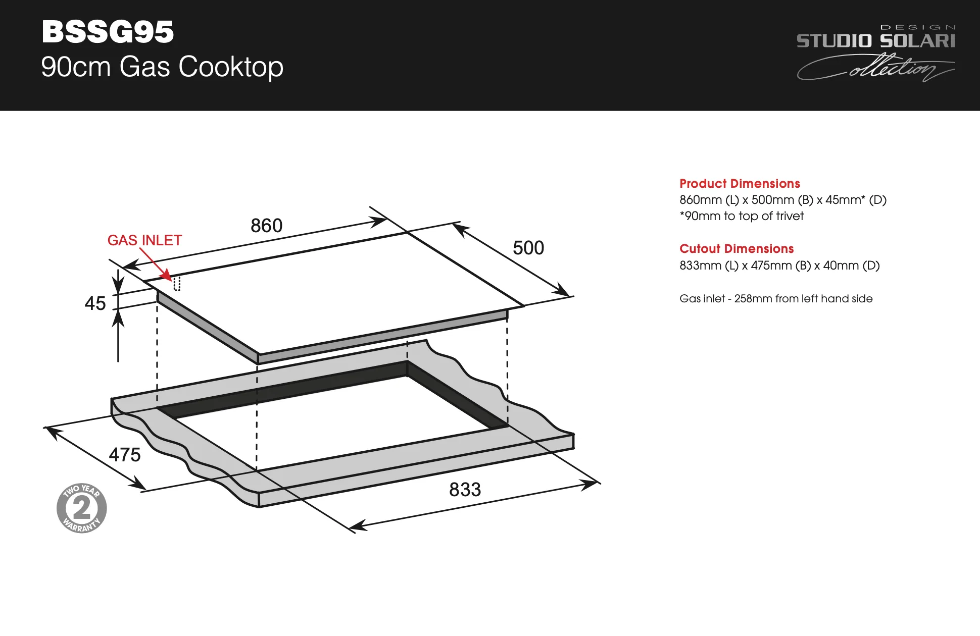 Baumatic BSSG95 Studio Solari 90cm Italian Made Stainless Steel Gas Cooktop