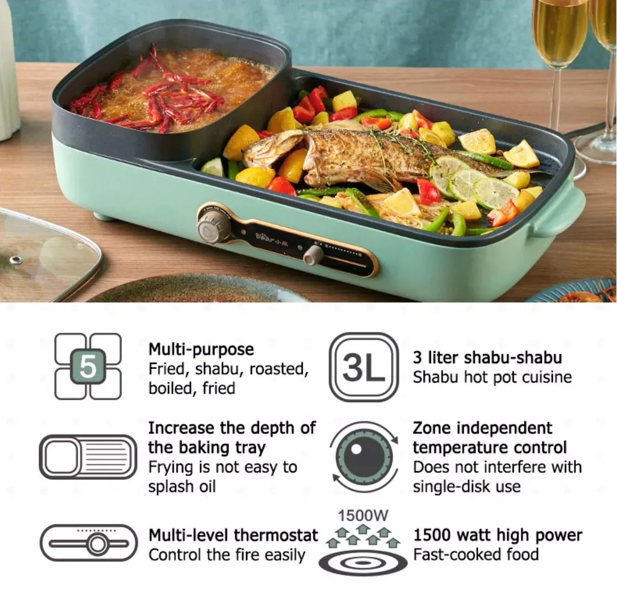 Bear Steamboat with BBQ Grill, 2 in 1 Multi Cooker with Non-stick inner pot (DKL-C15G1)