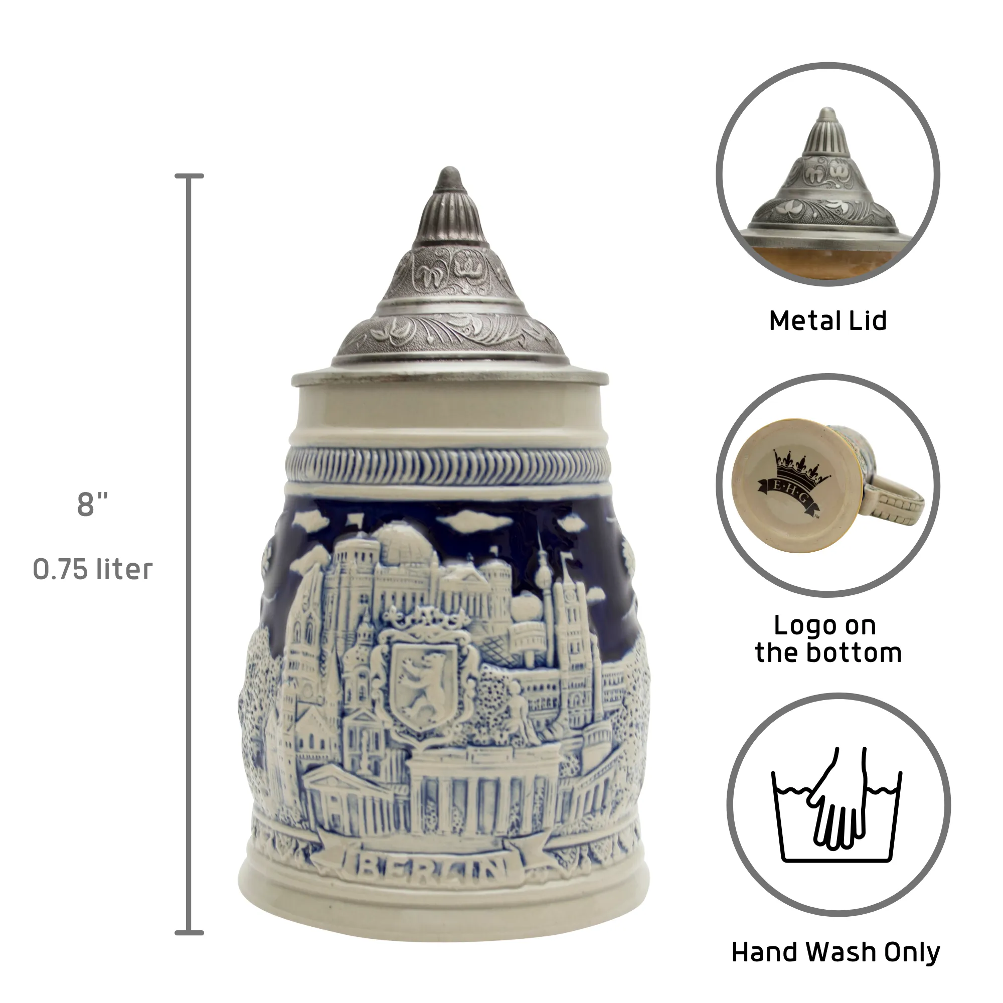 Berlin Germany Beer Stein Landmarks .75L Stein with Metal Lid