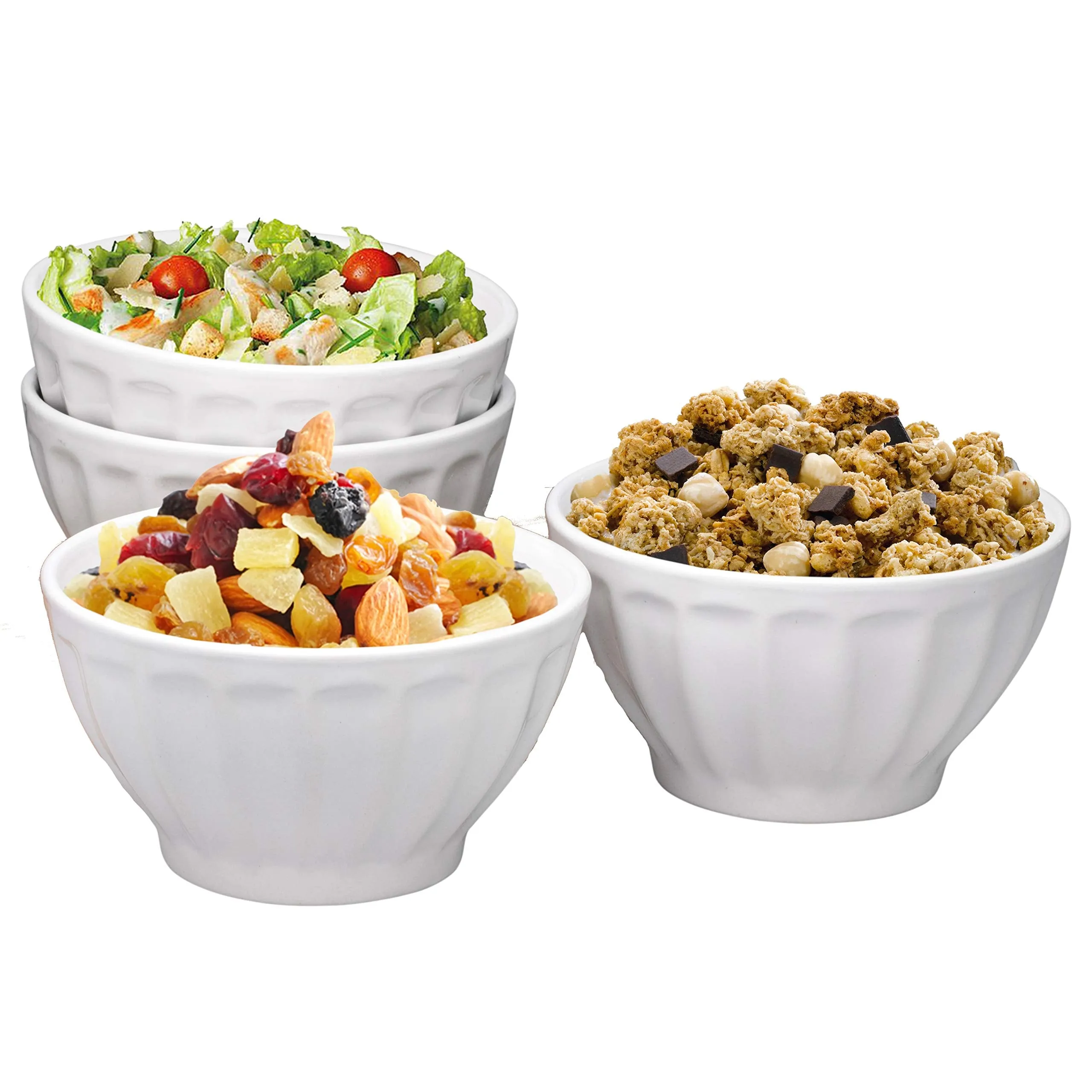 Ceramic Groove Bowls - Cereal, Soup, Ice Cream, 20 oz. Set of 4, By Bruntmor (White