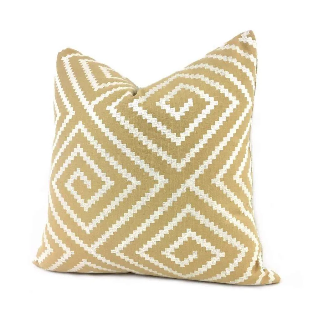 (CLEARANCE) Agamemnon Embroidered Pearl White on Tan Greek Key Maze Pillow Cover