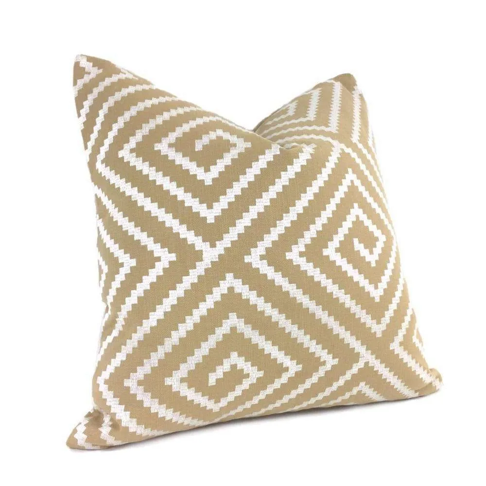 (CLEARANCE) Agamemnon Embroidered Pearl White on Tan Greek Key Maze Pillow Cover