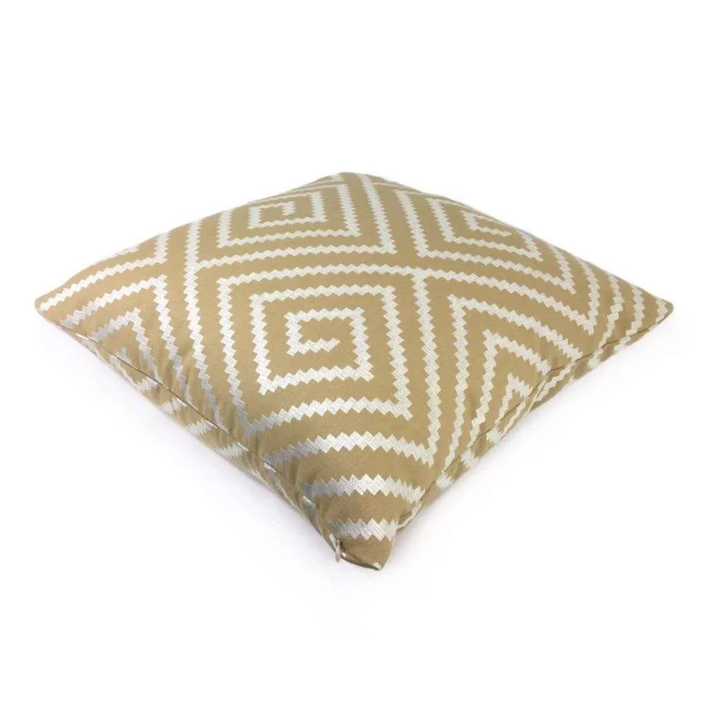 (CLEARANCE) Agamemnon Embroidered Pearl White on Tan Greek Key Maze Pillow Cover