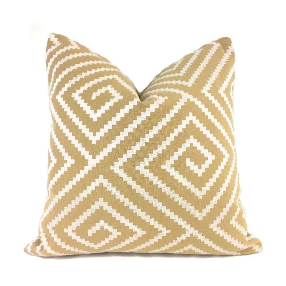 (CLEARANCE) Agamemnon Embroidered Pearl White on Tan Greek Key Maze Pillow Cover