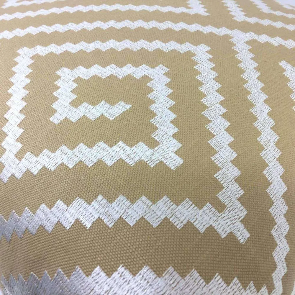 (CLEARANCE) Agamemnon Embroidered Pearl White on Tan Greek Key Maze Pillow Cover