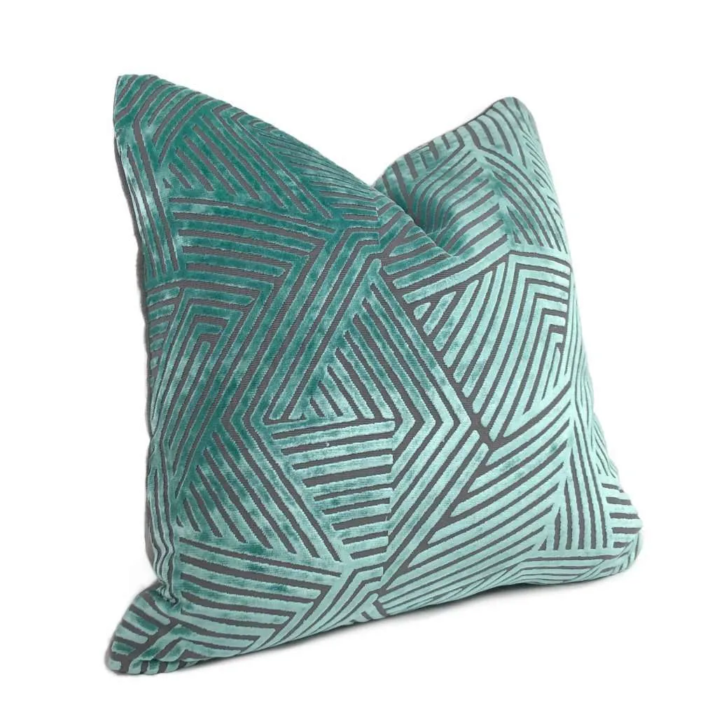 (CLEARANCE) Soho Aquamarine & Gray Cut Velvet Geometric Lines Pillow Cover