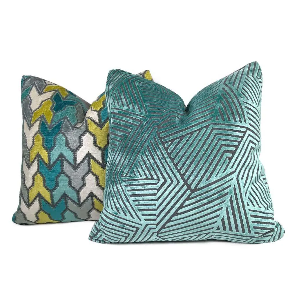 (CLEARANCE) Soho Aquamarine & Gray Cut Velvet Geometric Lines Pillow Cover