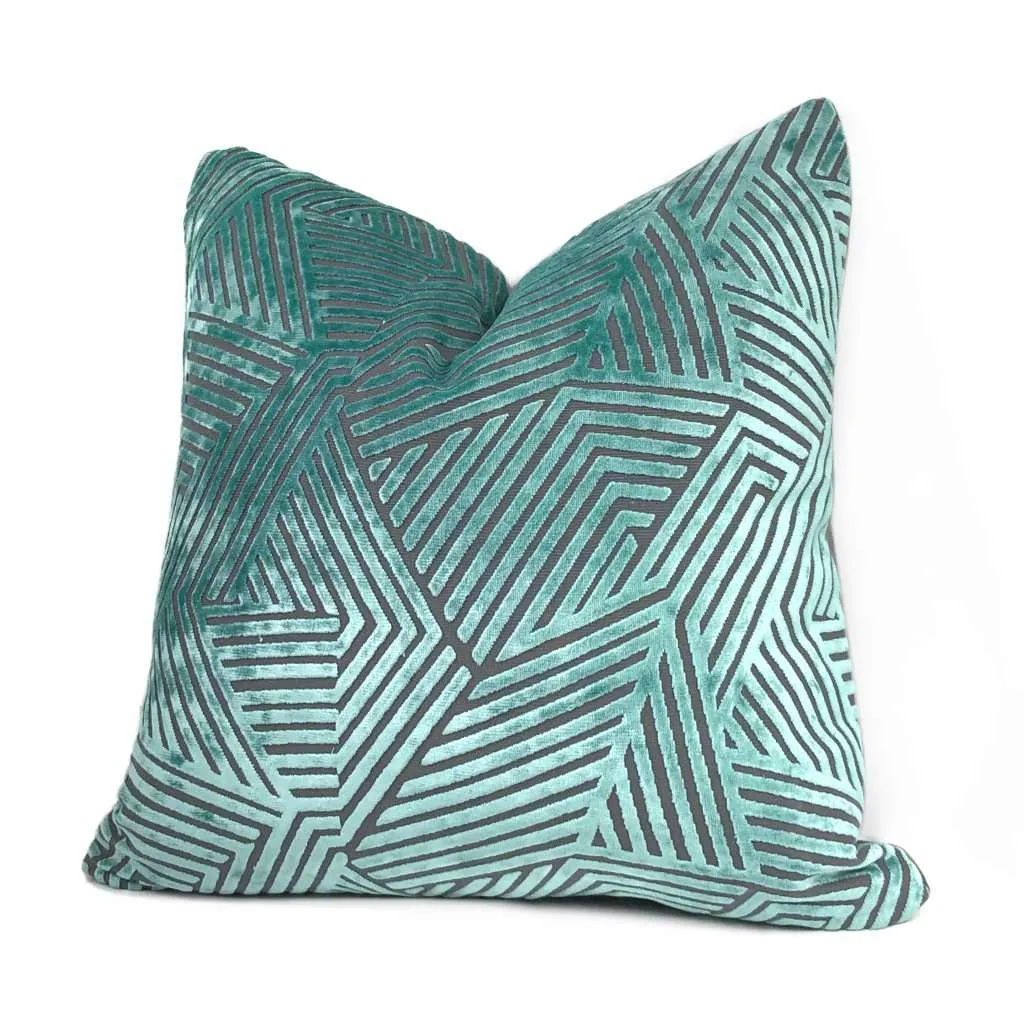 (CLEARANCE) Soho Aquamarine & Gray Cut Velvet Geometric Lines Pillow Cover