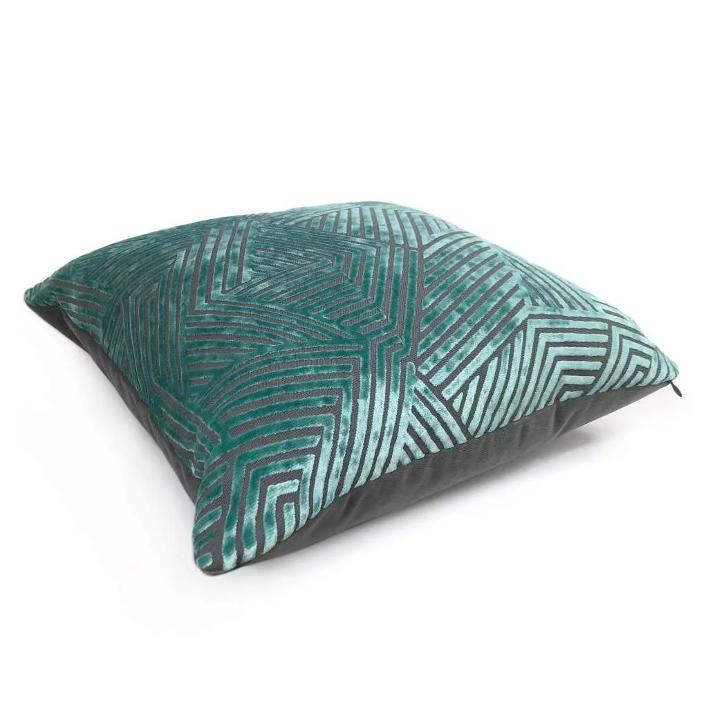 (CLEARANCE) Soho Aquamarine & Gray Cut Velvet Geometric Lines Pillow Cover