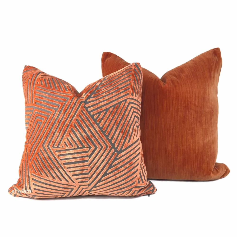 (CLEARANCE) Soho Orange Gray Cut Velvet Geometric Lines Pillow Cover