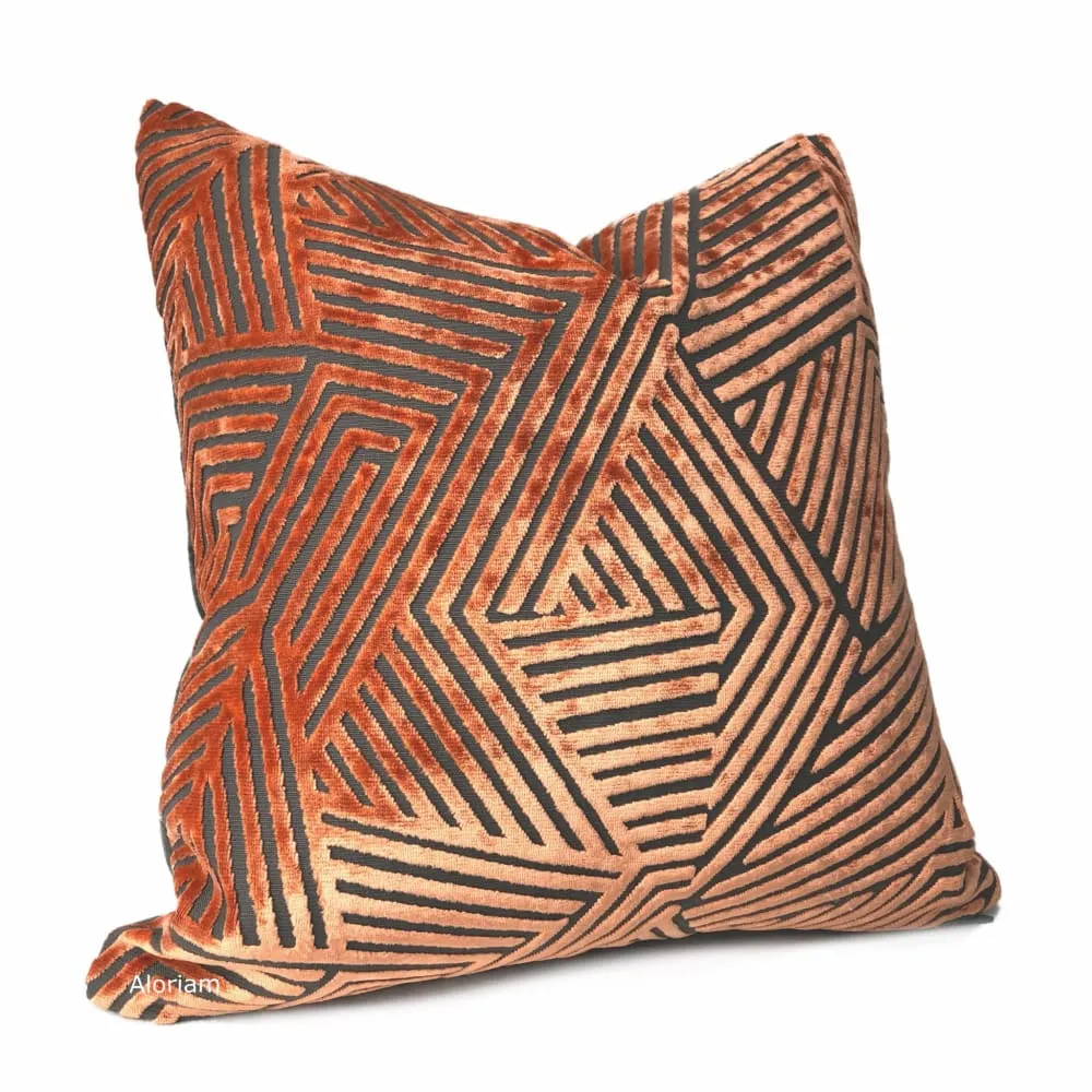 (CLEARANCE) Soho Orange Gray Cut Velvet Geometric Lines Pillow Cover