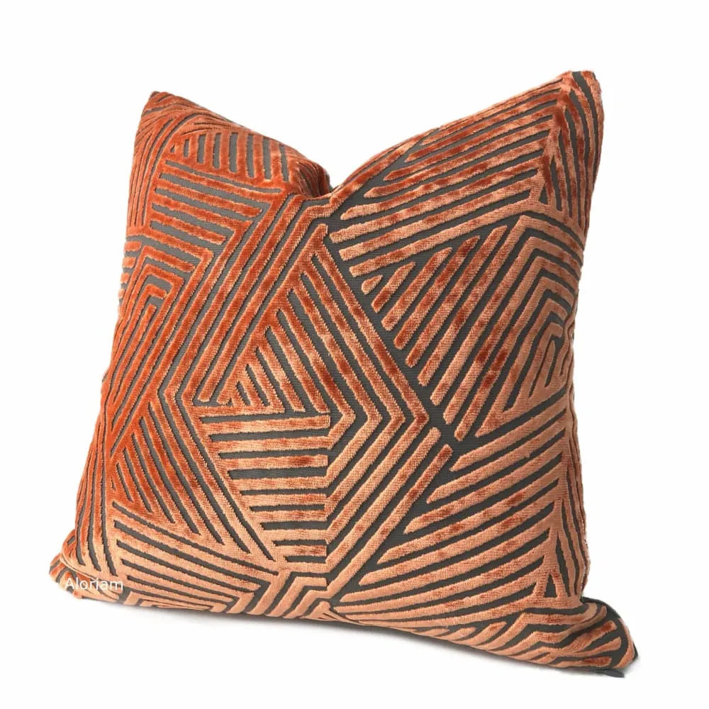 (CLEARANCE) Soho Orange Gray Cut Velvet Geometric Lines Pillow Cover