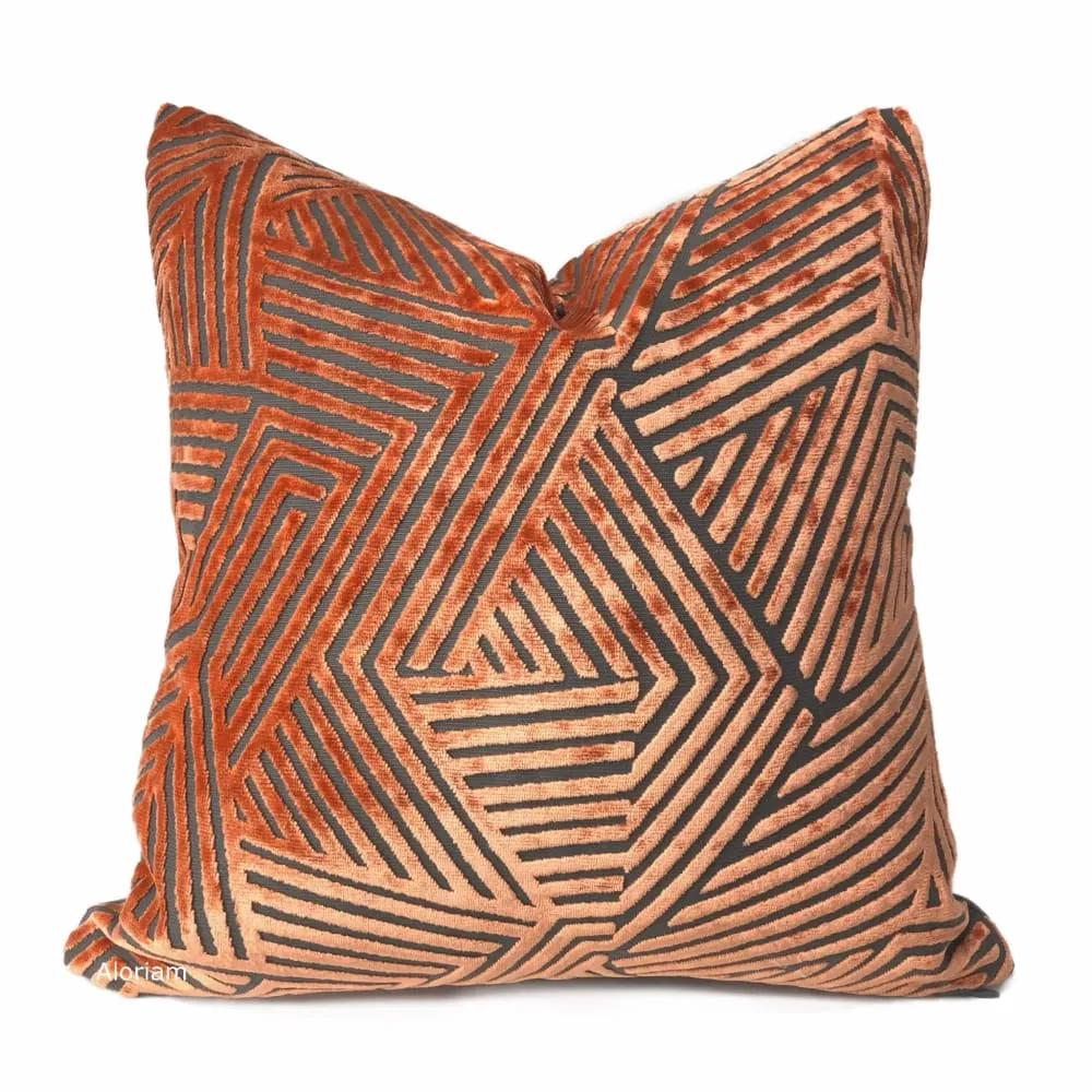 (CLEARANCE) Soho Orange Gray Cut Velvet Geometric Lines Pillow Cover