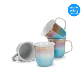 Cream With Blue Glossy Rainbow Glaze 17 ounce Stoneware Coffee Cup Mugs Set of 4