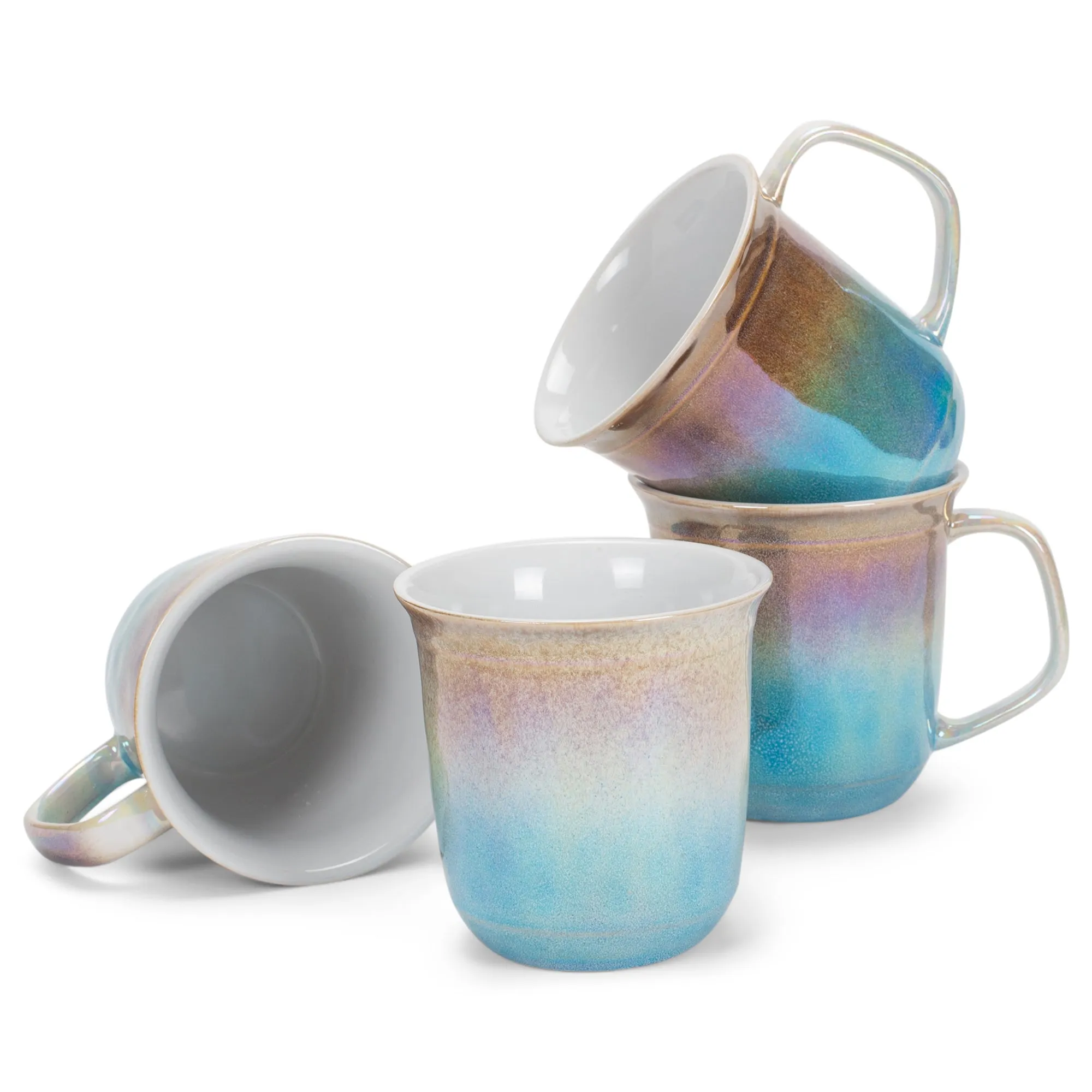 Cream With Blue Glossy Rainbow Glaze 17 ounce Stoneware Coffee Cup Mugs Set of 4