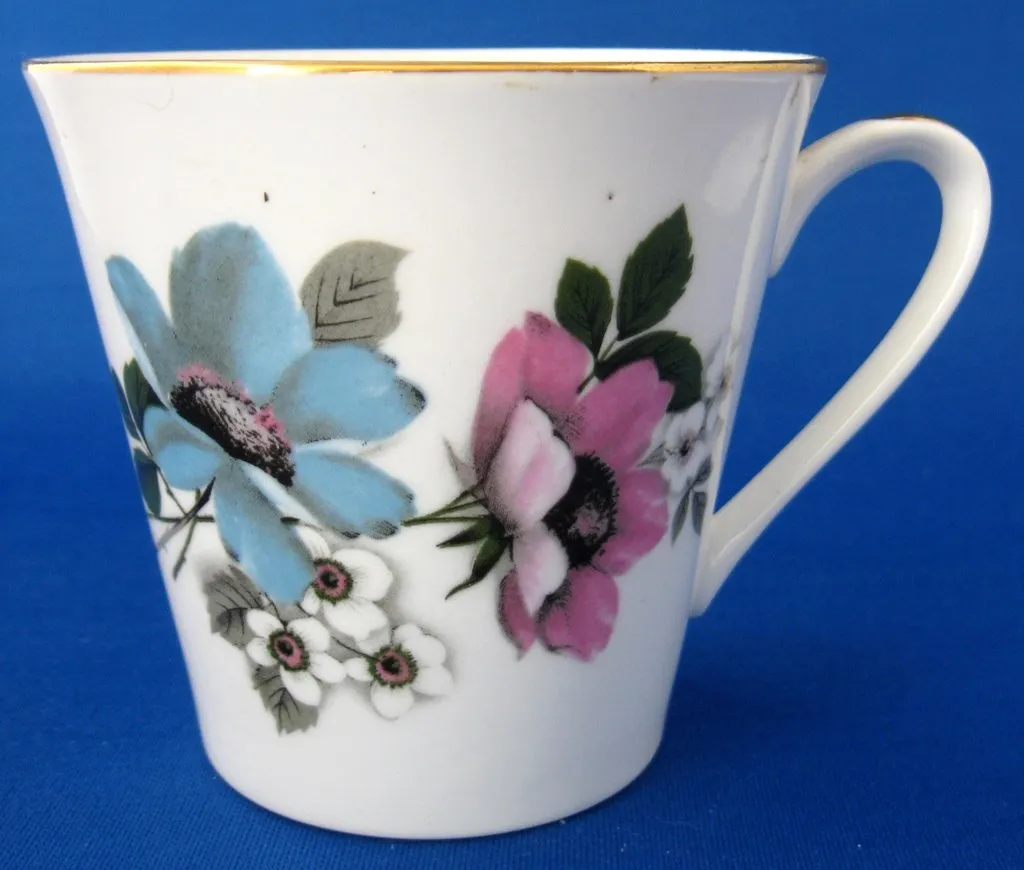 English Bone China Mug Pink Blue Floral Gold Trim 1950s Royal Imperial