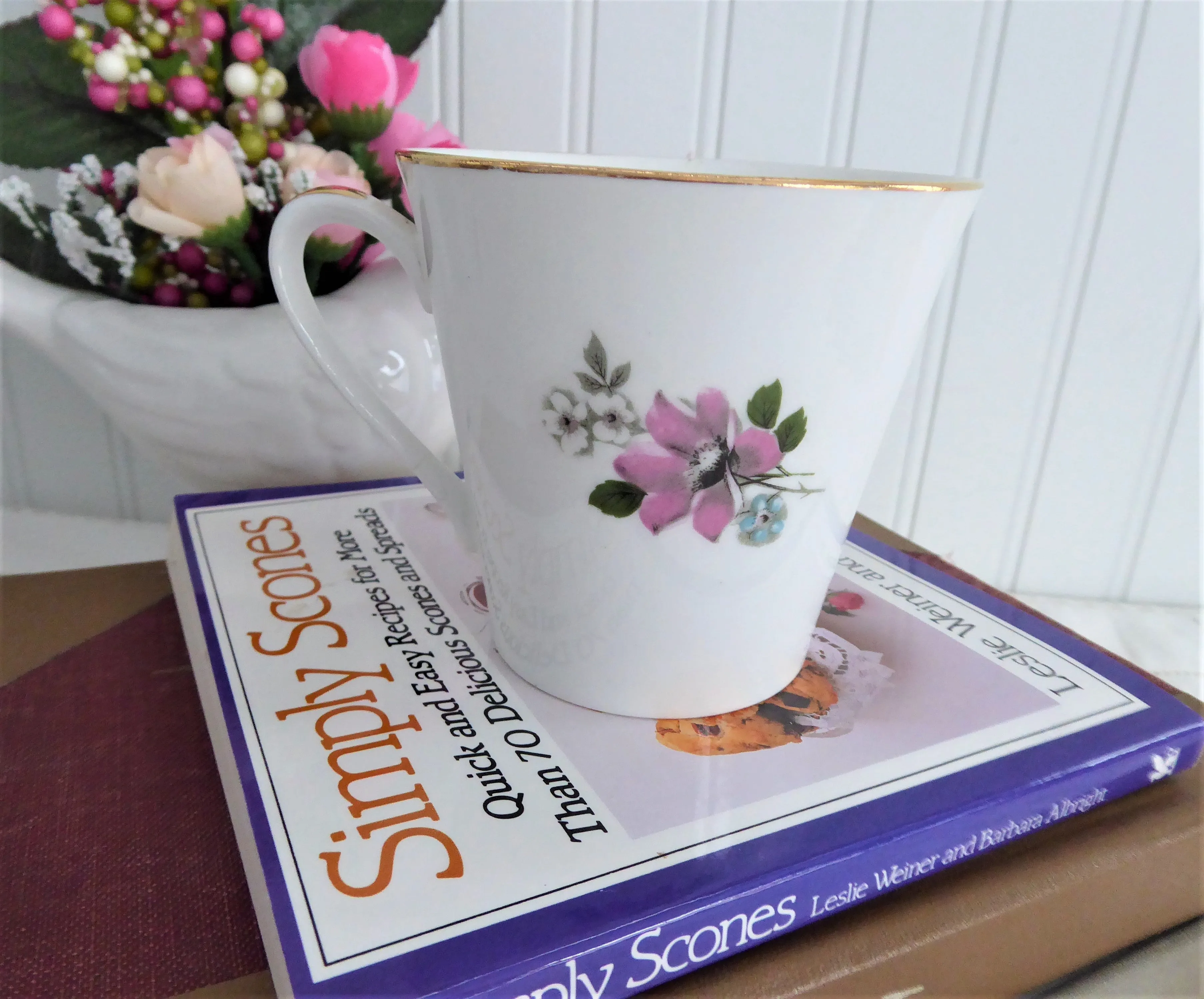 English Bone China Mug Pink Blue Floral Gold Trim 1950s Royal Imperial