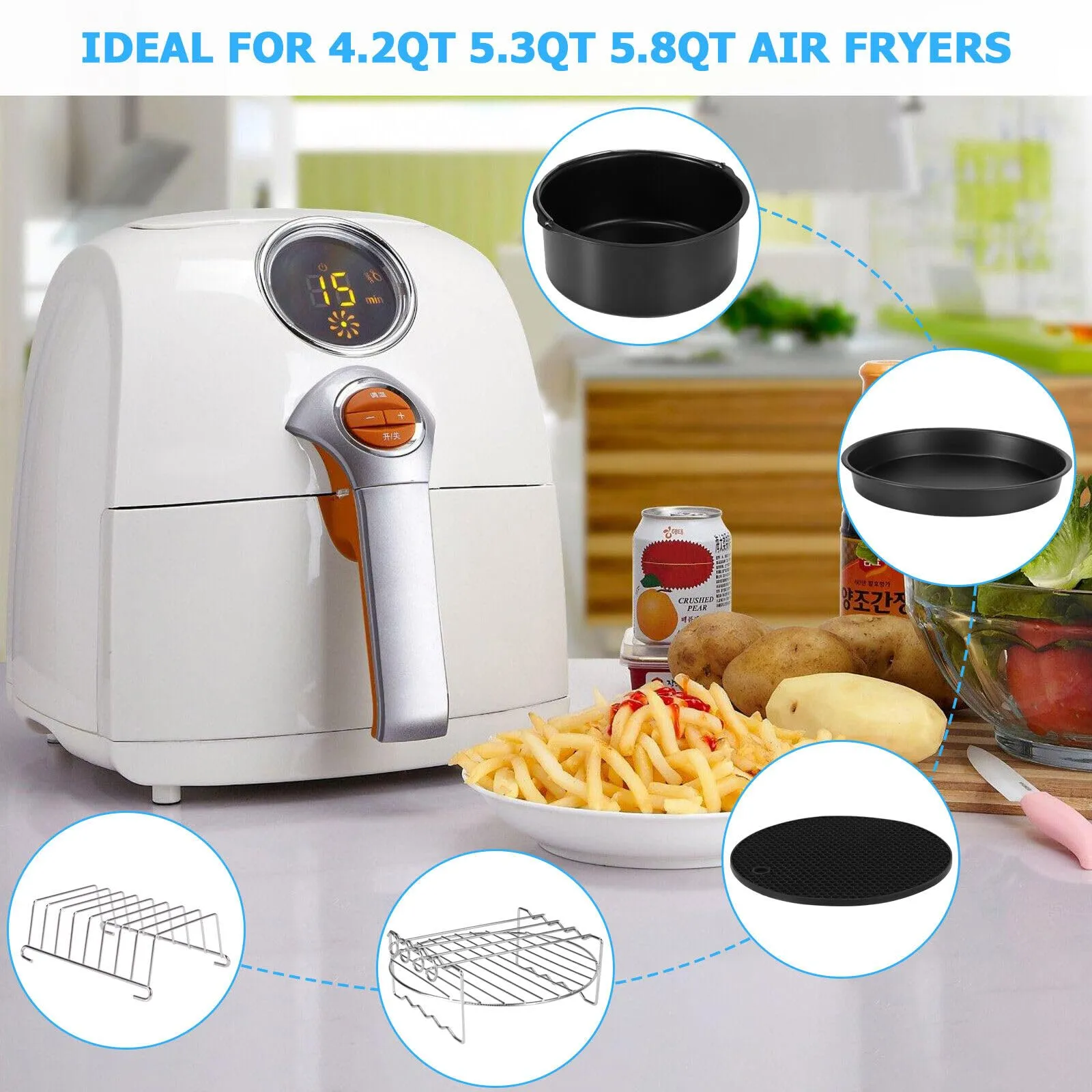 Firelex Air Fryer Accessories 15 pcs 8 Inch Accessory Set Paper Liners Airfryer Basket Kitchen Tools Air Fryer Tray Parchment Paper Cooking Racks Metal Holder Cake Mold Pizza Pan Skewer