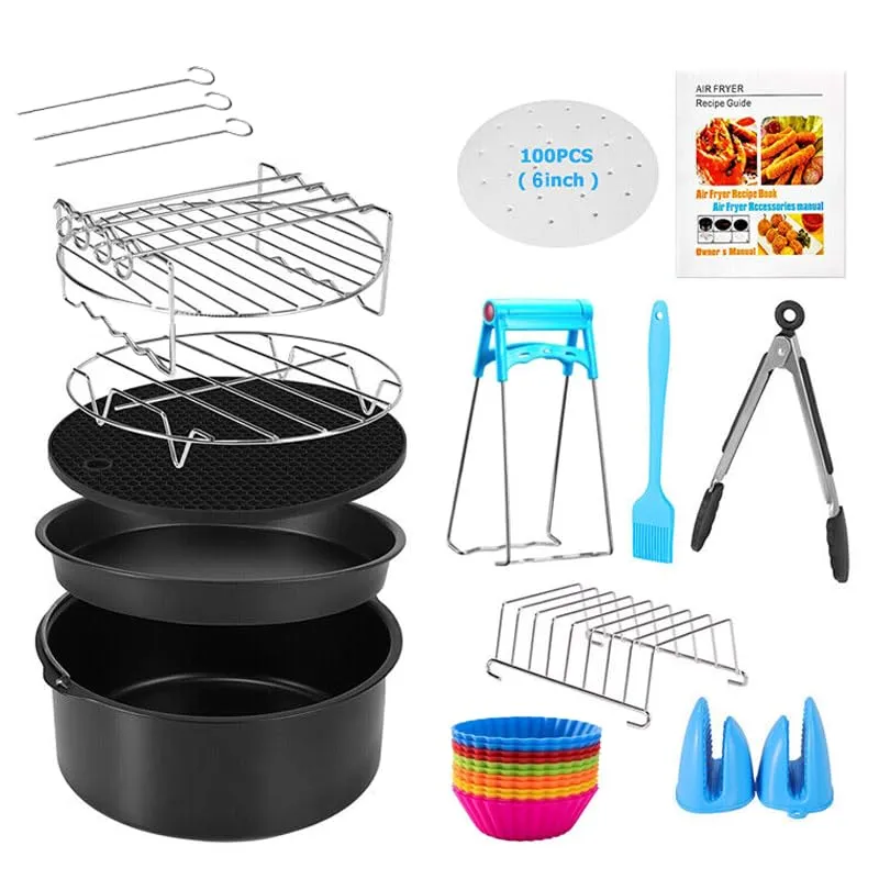 Firelex Air Fryer Accessories 15 pcs 8 Inch Accessory Set Paper Liners Airfryer Basket Kitchen Tools Air Fryer Tray Parchment Paper Cooking Racks Metal Holder Cake Mold Pizza Pan Skewer