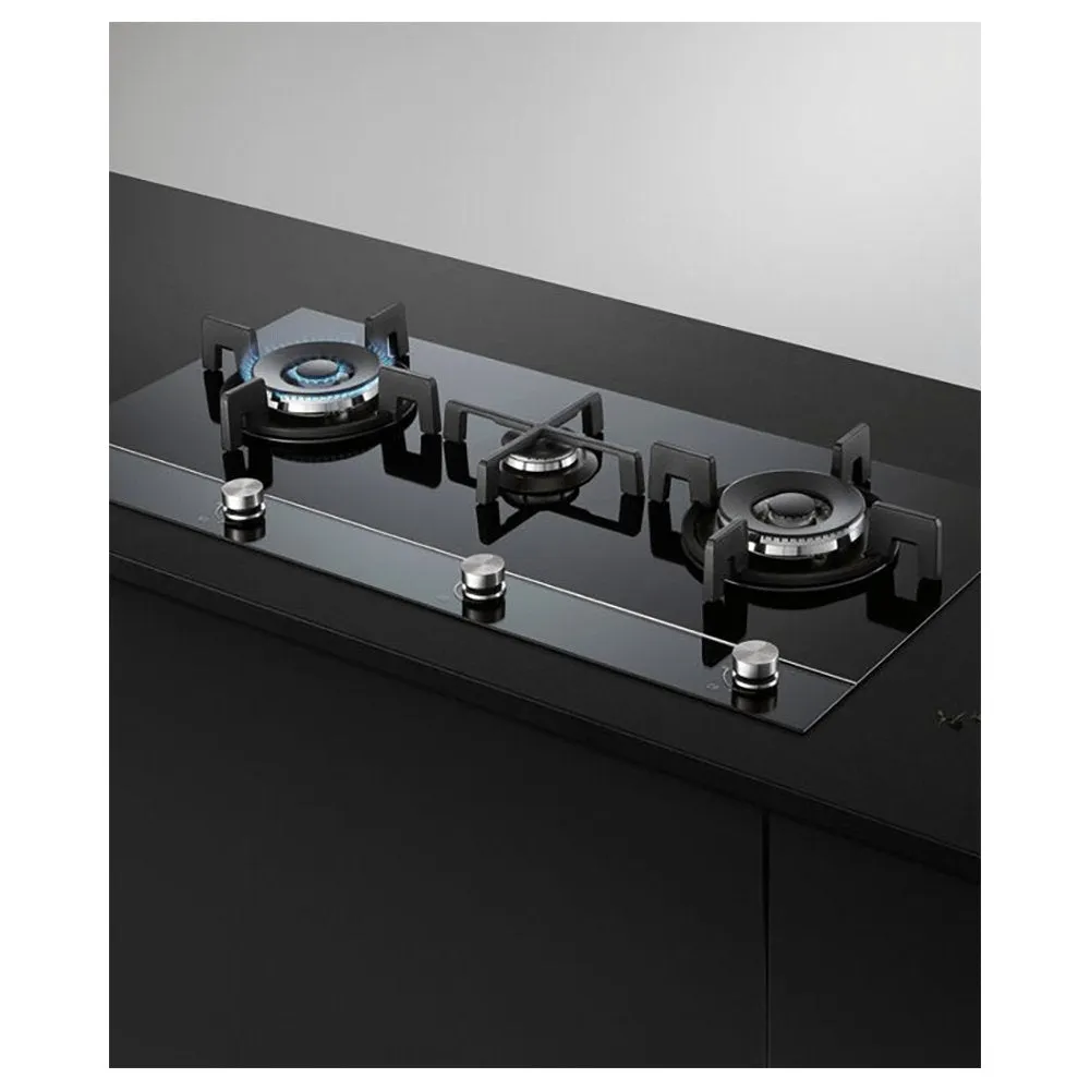 Fisher & Paykel CG903DNGGB4 Gas on Glass Hob, 3 Burners Two Dual Wok Burners, 90cm Wide- Black Glass