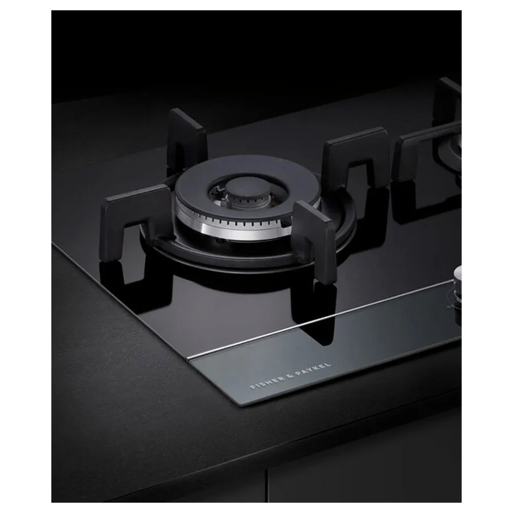 Fisher & Paykel CG903DNGGB4 Gas on Glass Hob, 3 Burners Two Dual Wok Burners, 90cm Wide- Black Glass