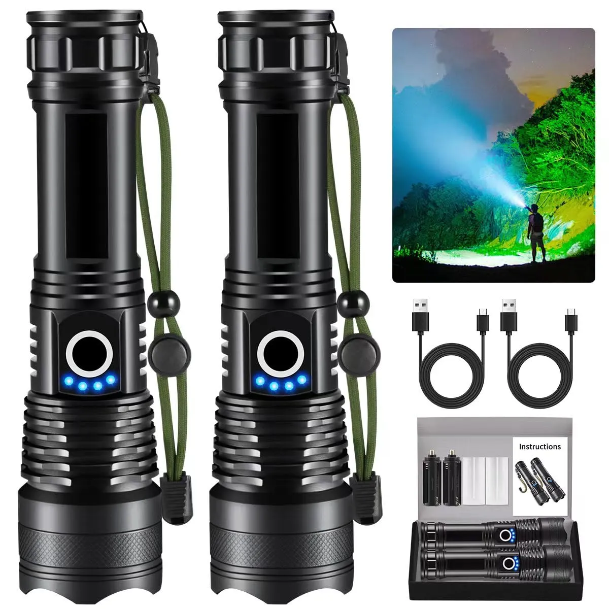 Flashlights High Lumens Rechargeable, 2Pack Rechargeable Flashlights, 900000lm Super Bright Flashlight, 5Mode Tactical Flashlights High Lumens, LED Flashlight High Powered, Waterproof Flash Light LED