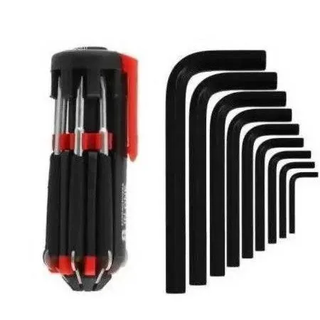 Foldable 8 in 1 Screwdriver Kit with 6 LED Light Torch (Red and Black) and 10 Pcs Full Hex Allen Key Kit L Shape Repair Tool Set