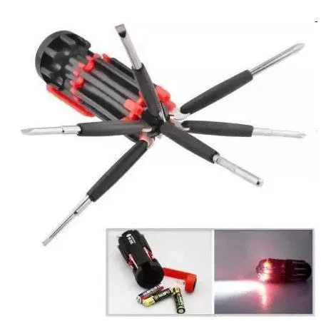 Foldable 8 in 1 Screwdriver Kit with 6 LED Light Torch (Red and Black) and 10 Pcs Full Hex Allen Key Kit L Shape Repair Tool Set