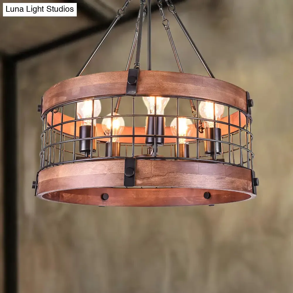 Hanging Farmhouse Suspension Lamp: Drum Metal and Wood Fixture with Mesh Screen, Lodge Style, Multi Light | Brown