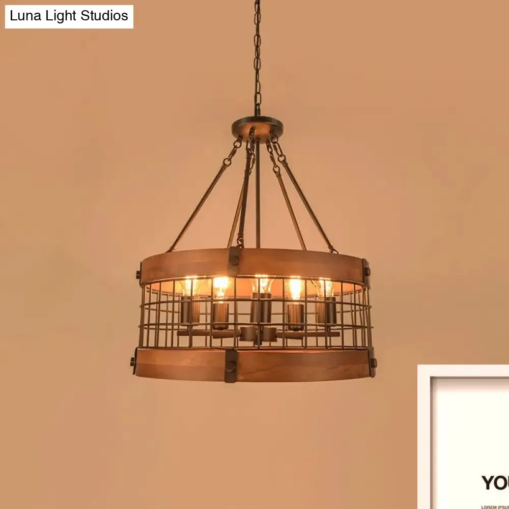 Hanging Farmhouse Suspension Lamp: Drum Metal and Wood Fixture with Mesh Screen, Lodge Style, Multi Light | Brown