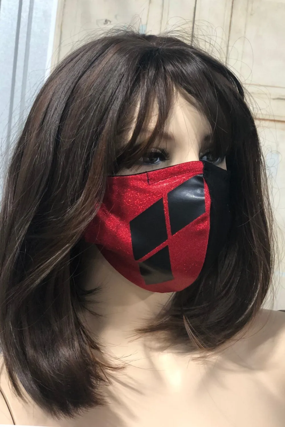 Harlequin Red and Black Face Mask with Diamonds