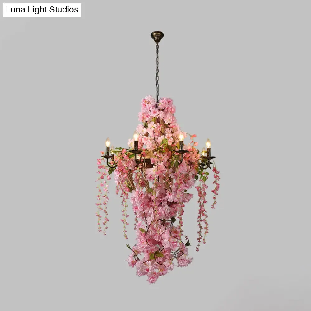 Industrial Metal Chandelier with Pink LED Flower Design - Candlestick Restaurant Light, 6/8 Bulbs