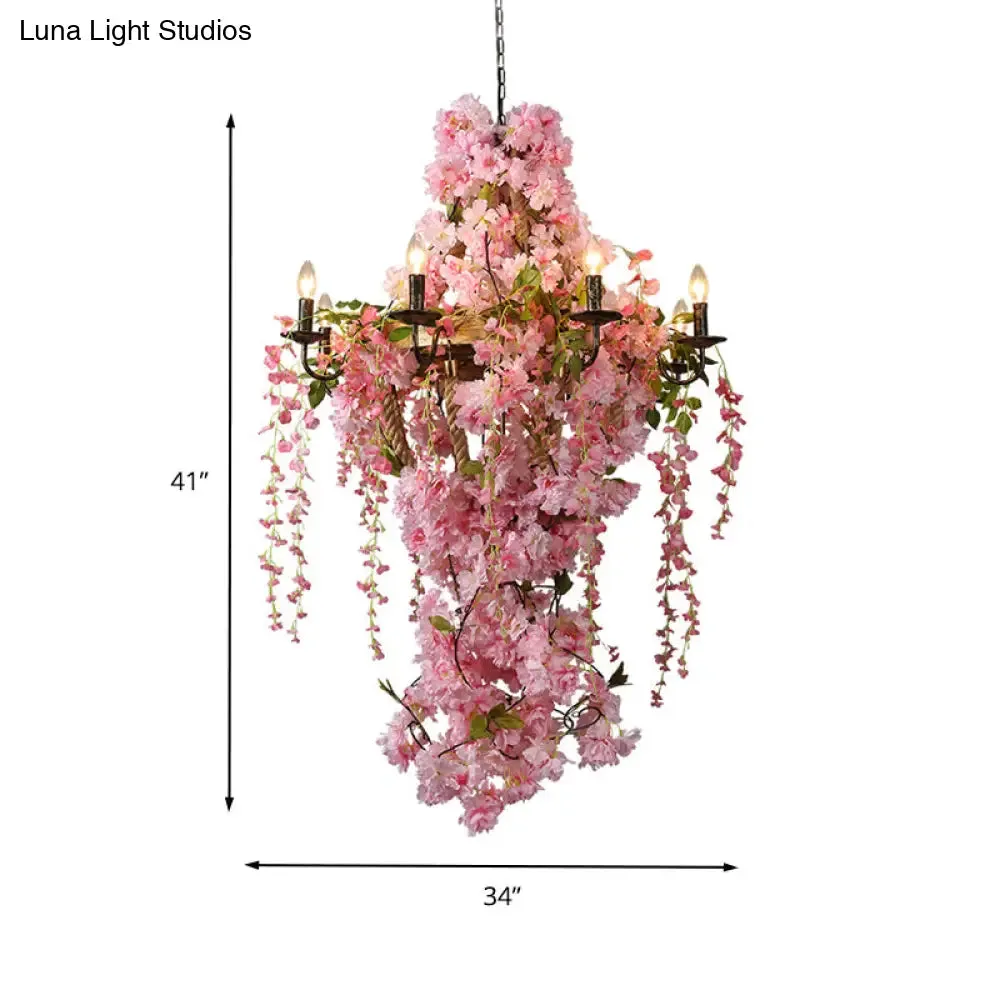 Industrial Metal Chandelier with Pink LED Flower Design - Candlestick Restaurant Light, 6/8 Bulbs